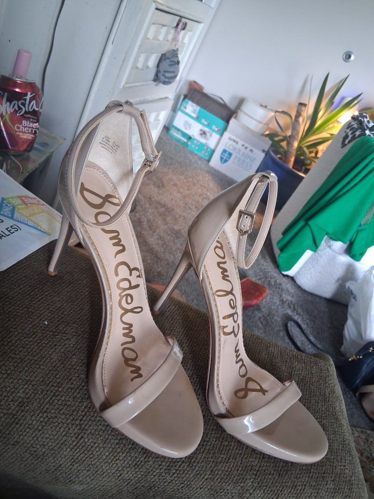 Sam Edelman Nude Patent Leather Ankle Strap High Heel Sandals Size 8.5