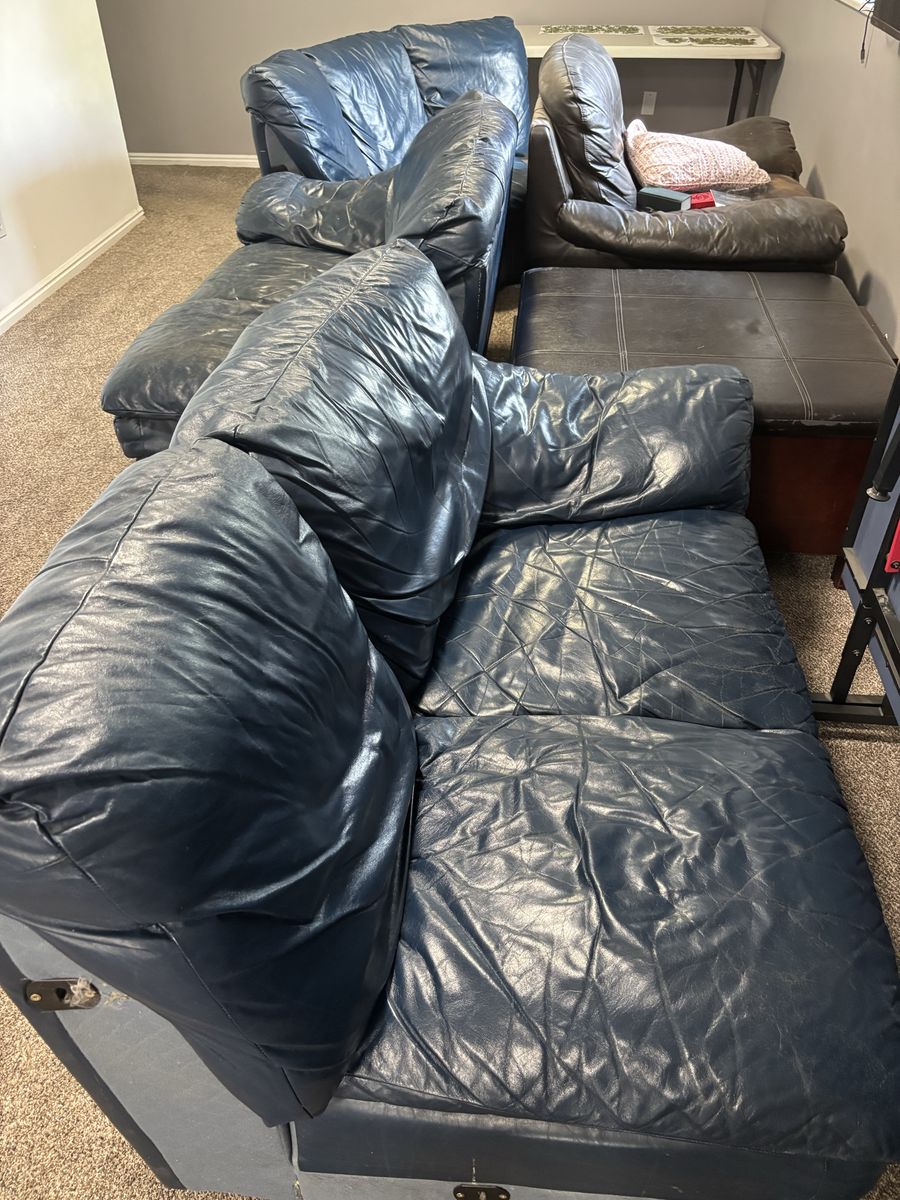 L-Shaped Blue Leather Sectional Sofa - Comfortable with Minor Wear