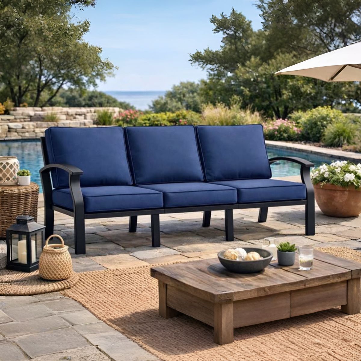 NEW Outdoor Patio Sofa Navy W/Black Aluminum Frame