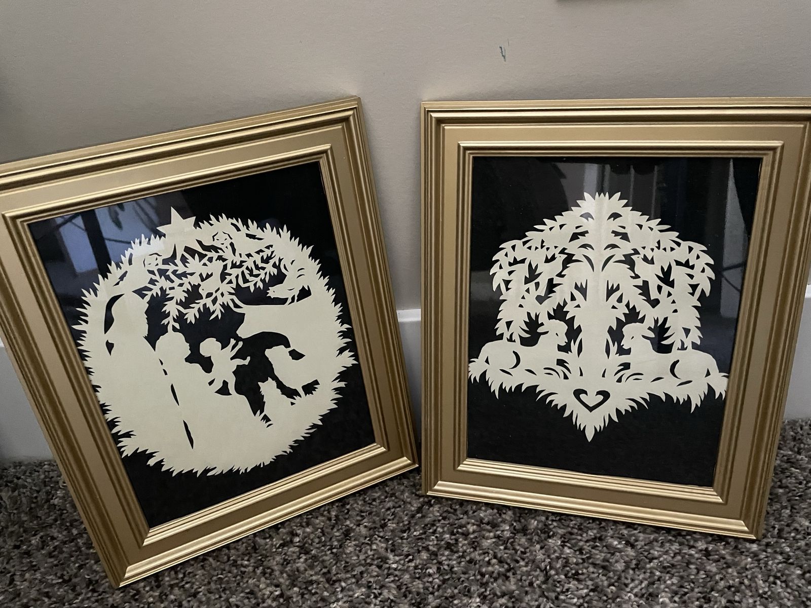 Vintage framed Scherenschnitte art pieces Christmas scenes hand-cut by artist Janet Lynch set