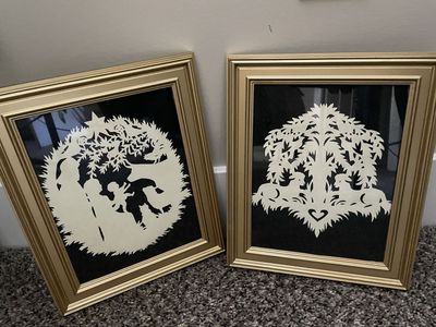 Vintage framed Scherenschnitte art pieces Christmas scenes hand-cut by artist Janet Lynch set