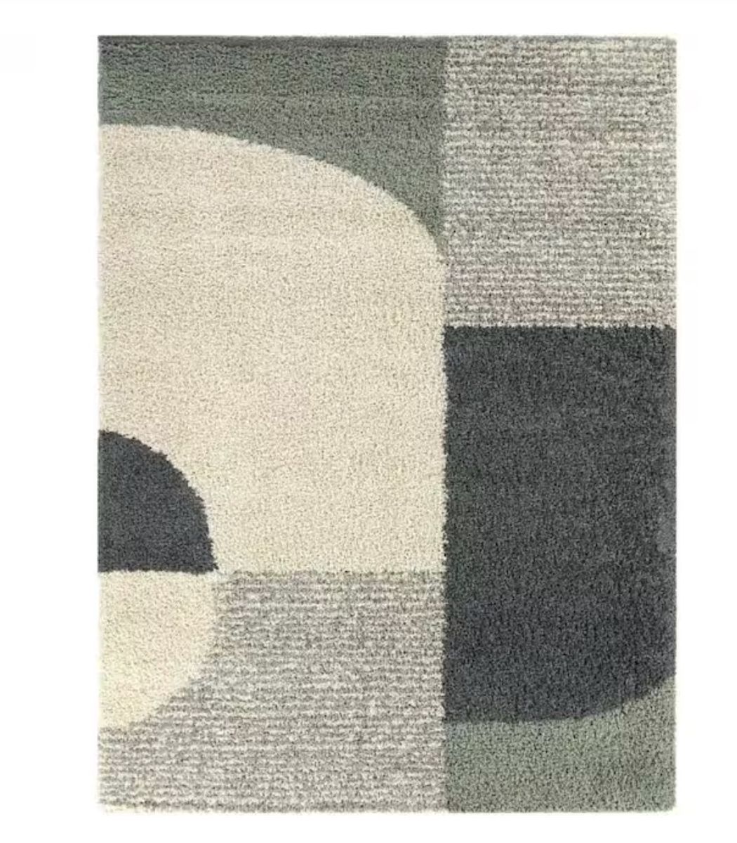 Large 8 by 10 Ft Geometric Shag Area Rug - Abstract Design in Gray, Green, and Cream Tones