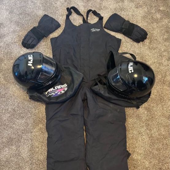 Vintage Polaris snowmobile helmet, snow overalls, gloves. Matching set. 