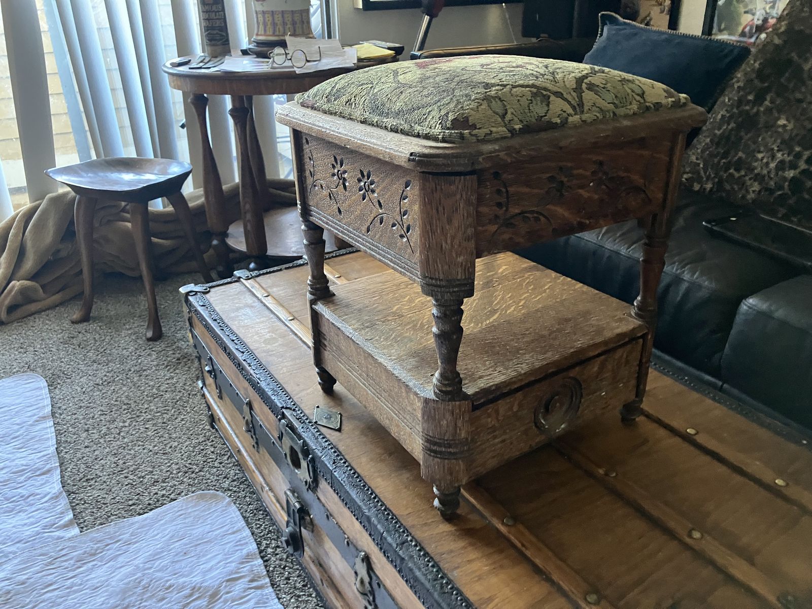 Antique Carved Oak Footstool /  Show shine
