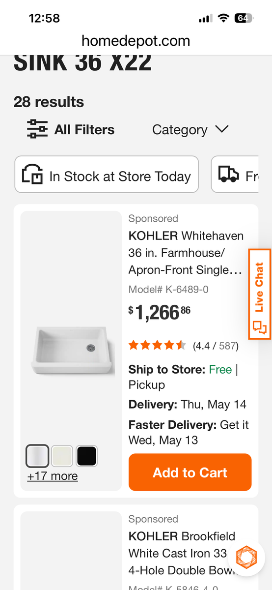 Kohler farmhouse cast Iron 36x22