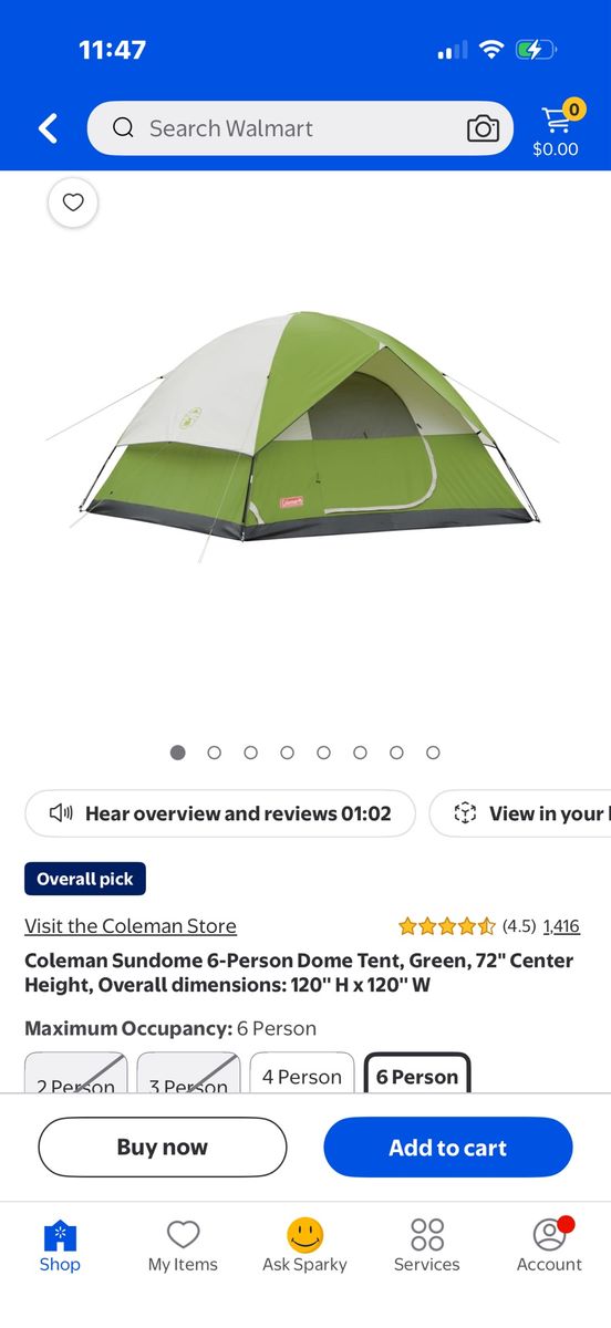 Coleman Sundome 6-Person Dome Tent Green 72" Center Height