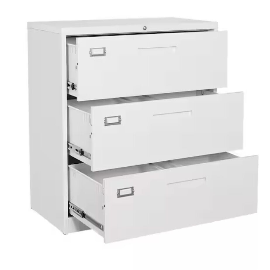Mlezan 3 Drawer Lateral Cabinet White Metal Cabinets Storage Legal Letter Filing in 15.7"D x 35.4"W x 40.5"H