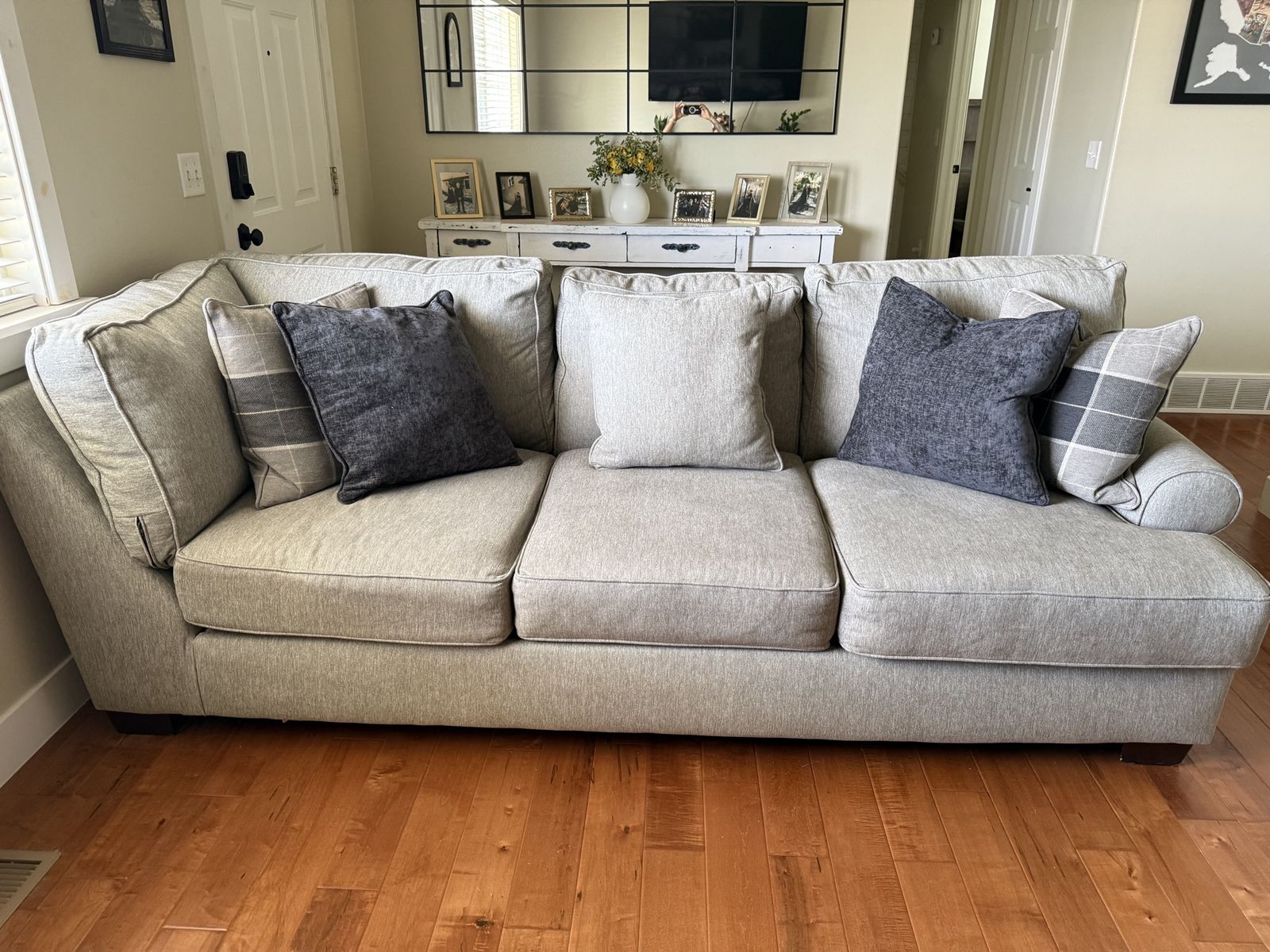 Light Gray Fabric Sofa Couch with Accent Pillows from RC Willey.