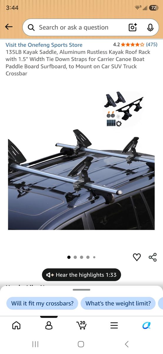 Onefeng Sports 135LB Kayak Saddle Aluminum Rustless Roof Rack w/ 1.5" Tie Down Straps for Kayaks/Canoes/SUPs