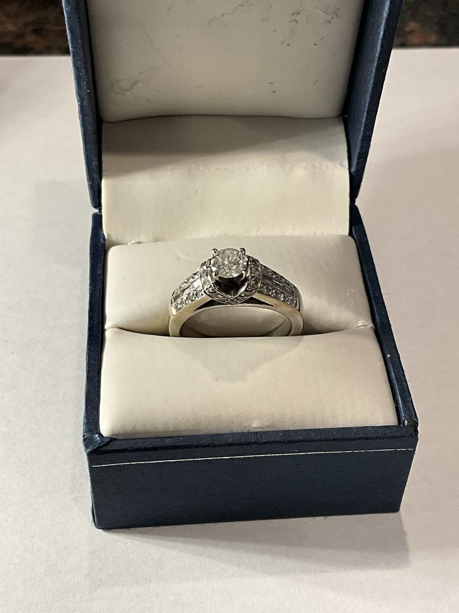 14K White Gold Diamond Engagement Ring with Baguette and Round Accent Stones