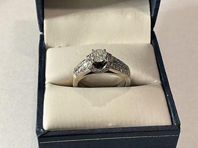 14K White Gold Diamond Engagement Ring with Baguette and Round Accent Stones
