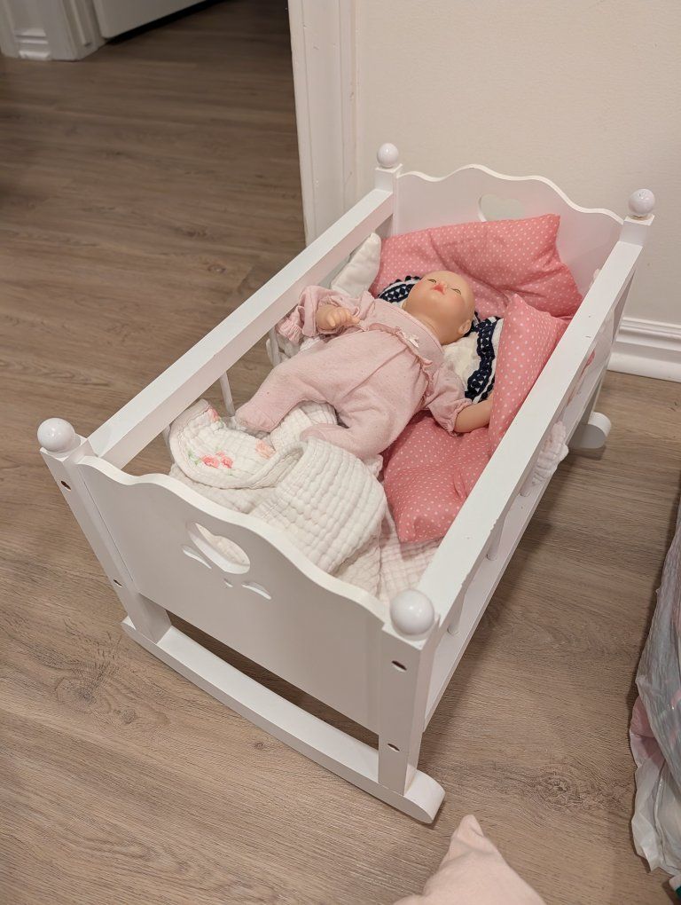 White Wooden Doll Cradle Rocker with Bedding and Doll