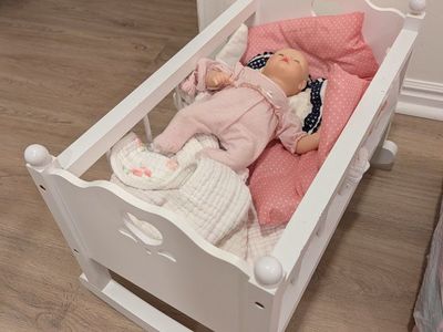 White Wooden Doll Cradle Rocker with Bedding and Doll