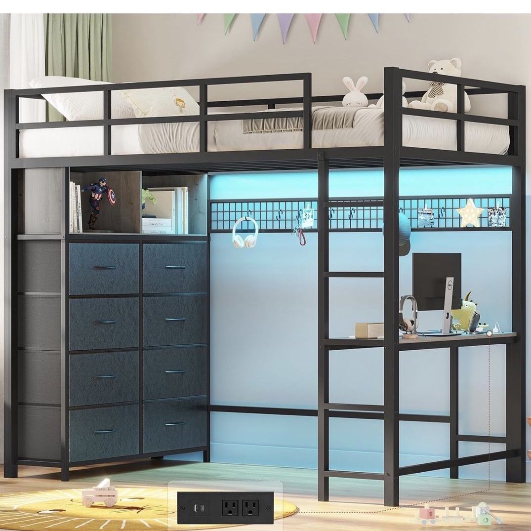 2 space saving, twin loft beds with desk, LED lights, and charging station