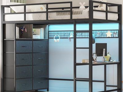 2 space saving, twin loft beds with desk, LED lights, and charging station