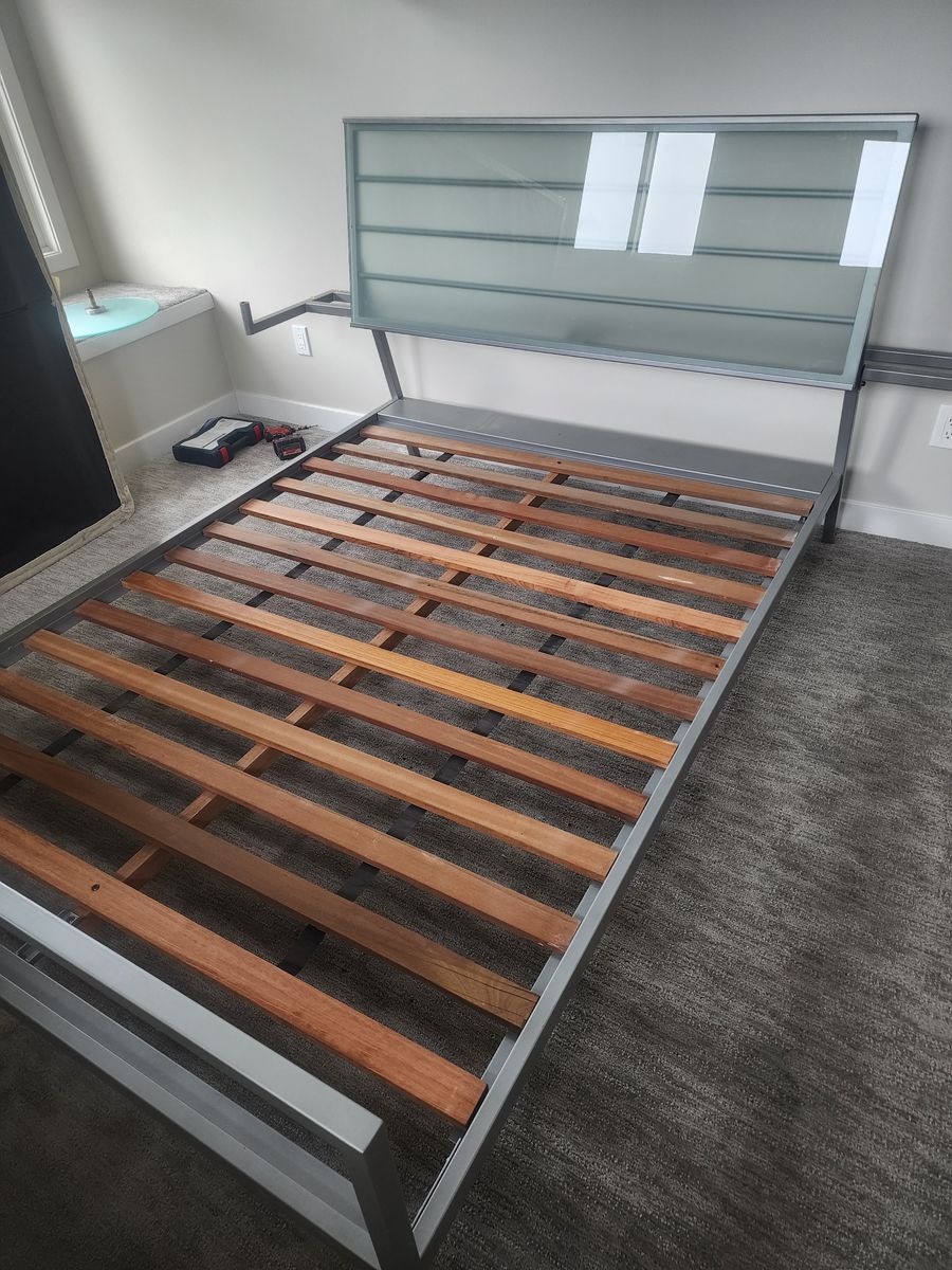 Modern Queen Bed Frame with Glass Headboard and Integrated Nightstands - Metal and Frosted Glass