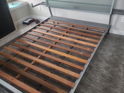 Modern Queen Bed Frame with Glass Headboard and Integrated Nightstands - Metal and Frosted Glass