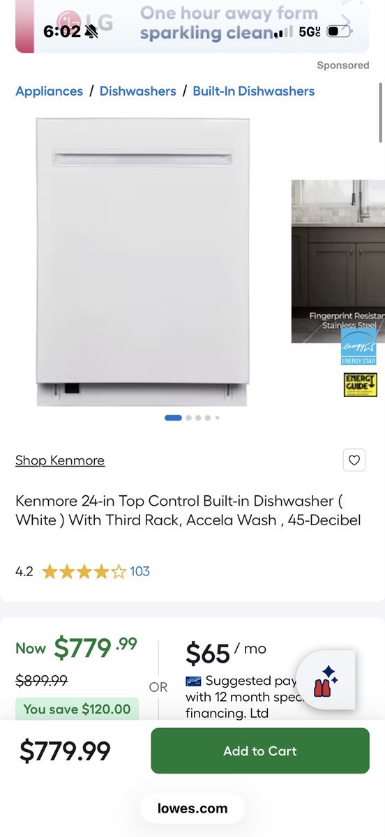 Kenmore 24-in Top Control Built-in Dishwasher ( White ) With Third Rack, Accela Wash, 45-Decibel