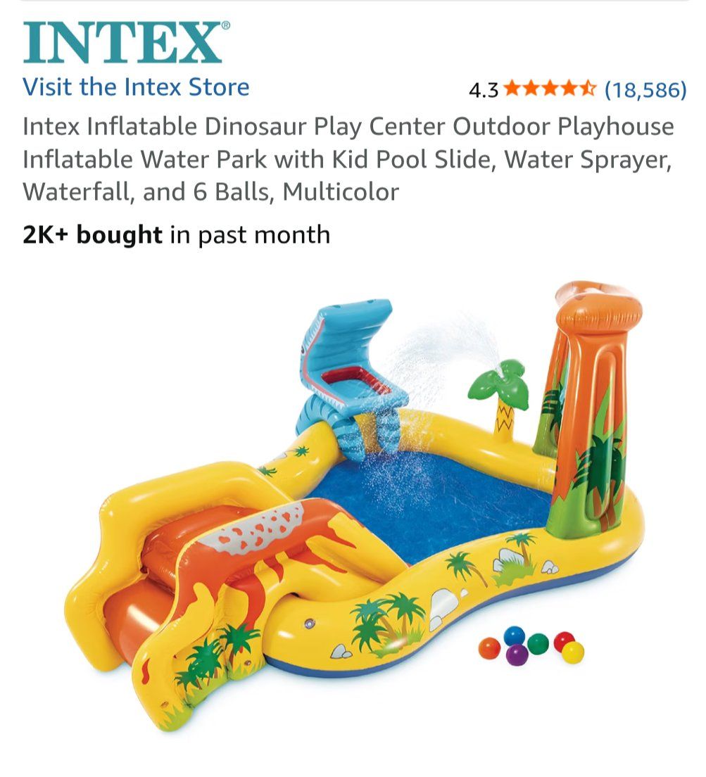 Intex Inflatable Dinosaur Play Center Outdoor Water Park w/ Slide, Sprayer, Waterfall, & 6 Balls