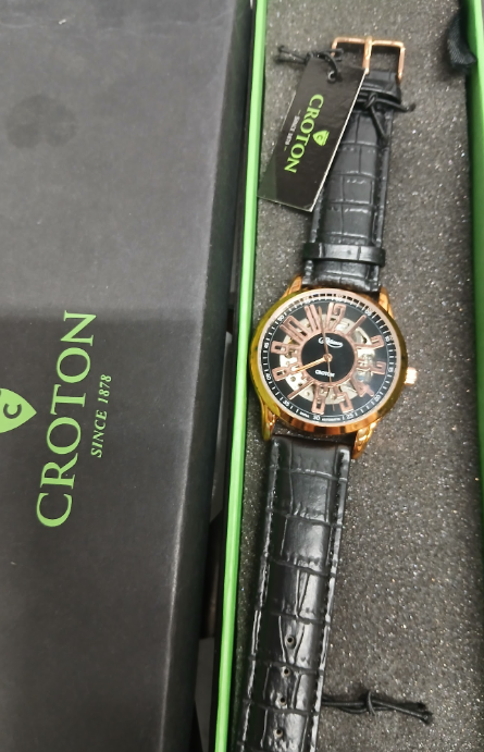 Croton Reliance Automatic Gold Tone Skeleton Watch with Black Leather Band-#5-Section A