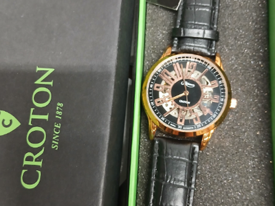 Croton Reliance Automatic Gold Tone Skeleton Watch with Black Leather Band-#5-Section A