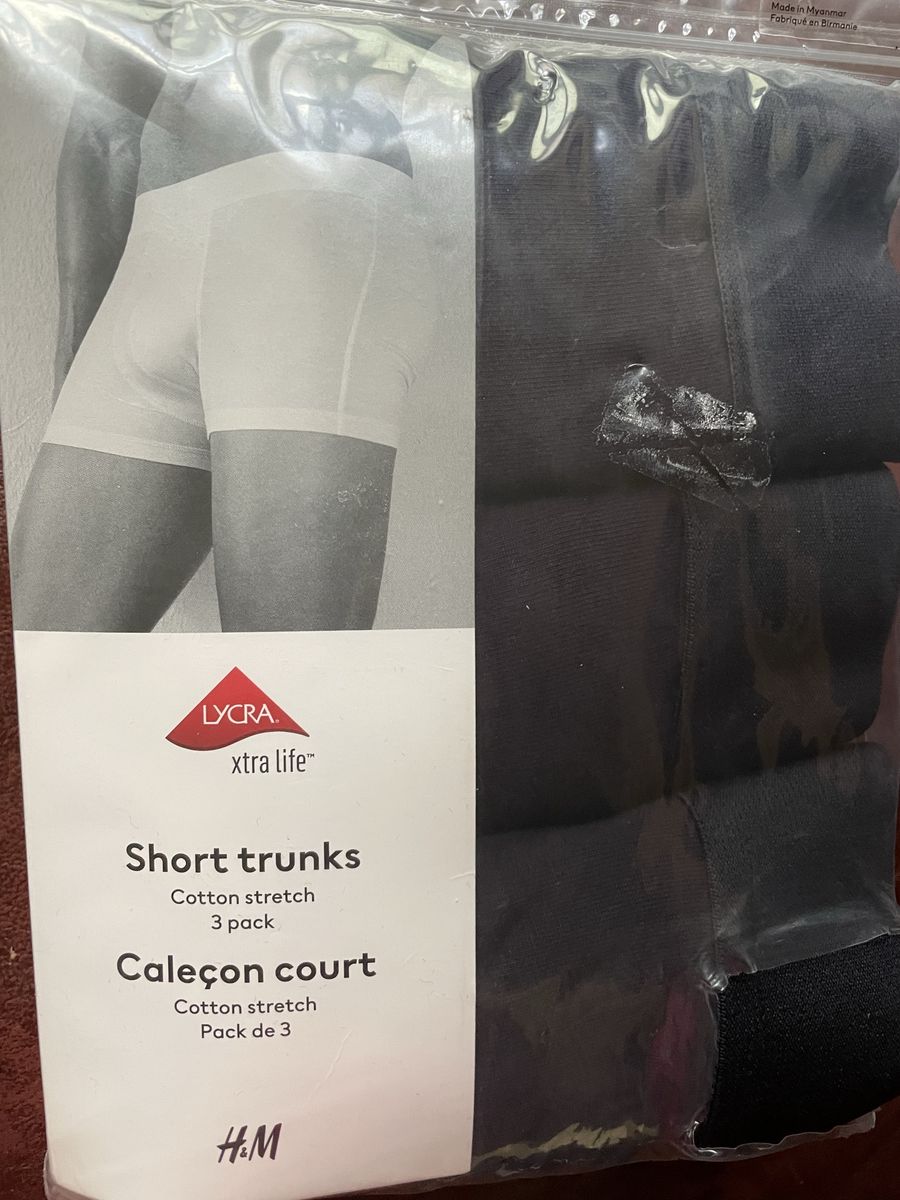 New! H&M Men's Short Trunks 3-Pack, Cotton Stretch, LYCRA xtra life, US Size L, Black