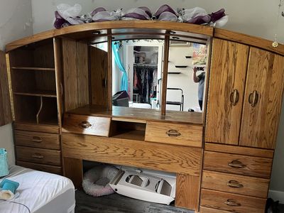 Queen Oak Wood Light Brown Bedroom Headboard with Storage, Mirror, and Drawers