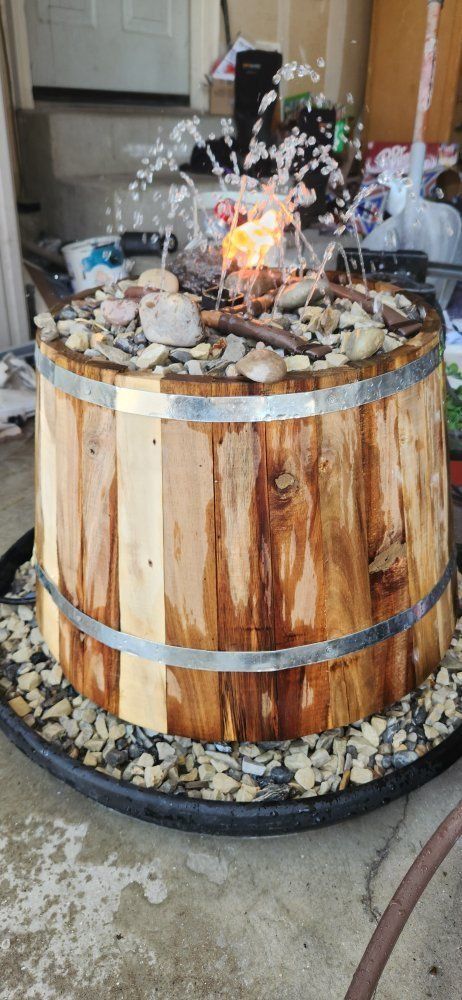 Unique Custom-Made Fire & Water Fountain - Whiskey Barrel Style w/ Rocks.