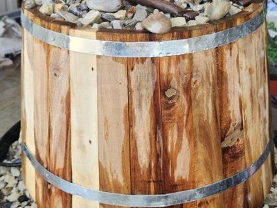 Unique Custom-Made Fire & Water Fountain - Whiskey Barrel Style w/ Rocks.
