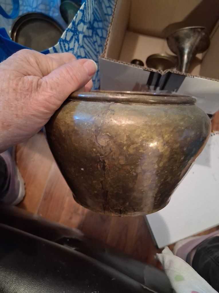 Vintage Brass Pot with Unique Embossed Symbol - Rustic Patina Decorative Bowl