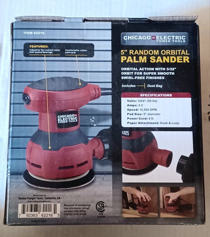 Chicago Electric Power Tools 5" Random Orbital Palm Sander with Dust Bag & Sanding Discs