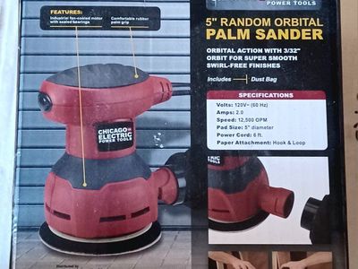 Chicago Electric Power Tools 5" Random Orbital Palm Sander with Dust Bag & Sanding Discs