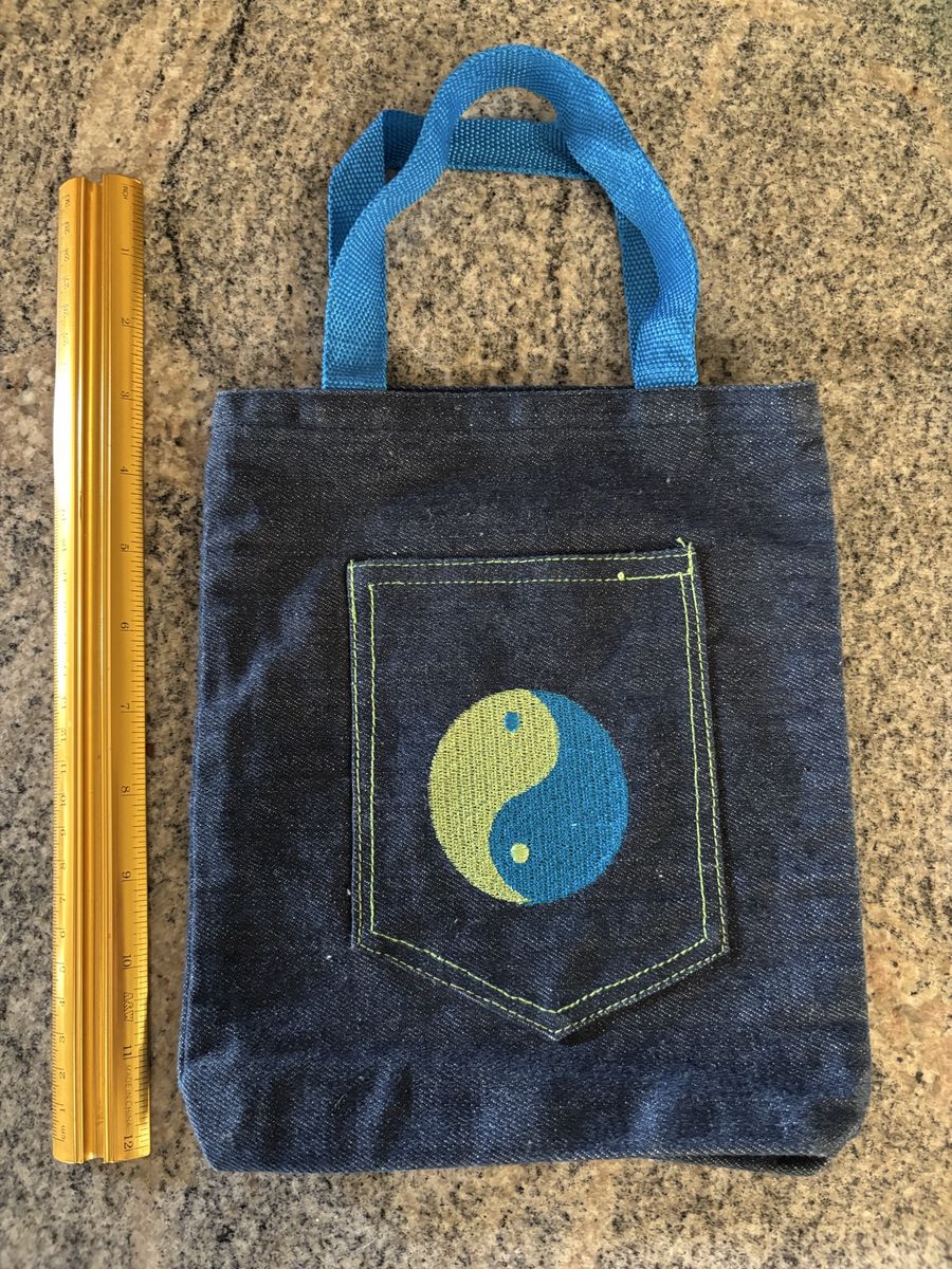 Small Denim Tote Bag with Yin Yang Pocket Detail and Blue Handles