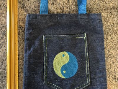 Small Denim Tote Bag with Yin Yang Pocket Detail and Blue Handles