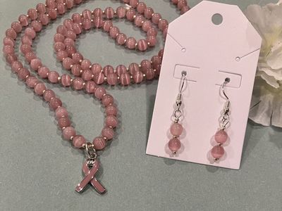 Pink Rose Quartz Beaded Necklace & Dainty Matching Earrings