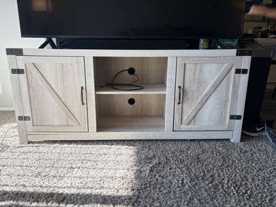 Farmhouse Style TV Stand Entertainment Center - Light Wood Finish, Barn Door Cabinets