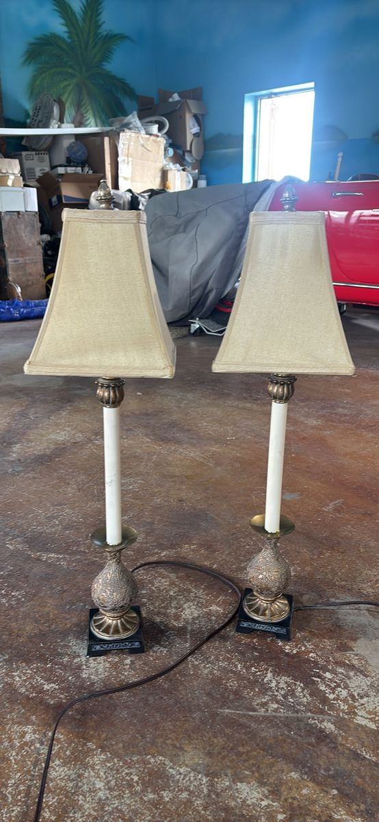 Vintage Brass & Cream Candlestick Buffet Lamps with Fabric Shades - Set of 2