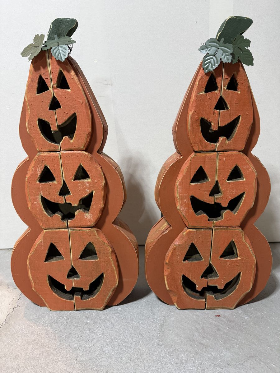 (2) Wood Decorative Pumpkins