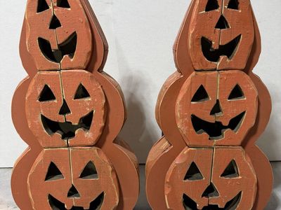 (2) Wood Decorative Pumpkins