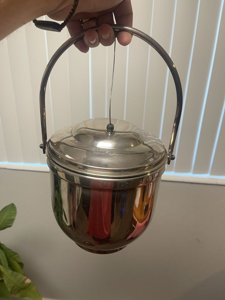 Vintage Stainless Steel Ice Bucket with Lid and Handle - Mid-Century Modern Barware