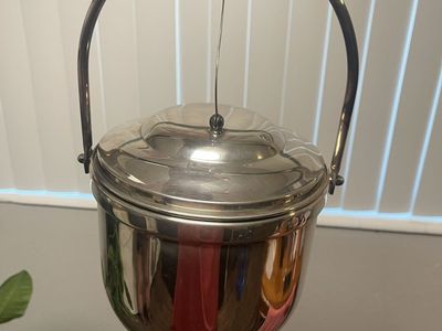 Vintage Stainless Steel Ice Bucket with Lid and Handle - Mid-Century Modern Barware