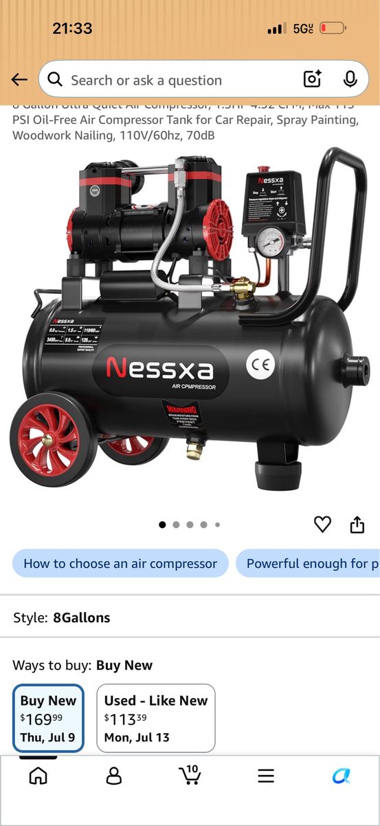 Nessxa 8-Gallon Quiet Air Compressor - 1.5HP, Oil-Free for Car Repair, Painting, Woodwork Nailing