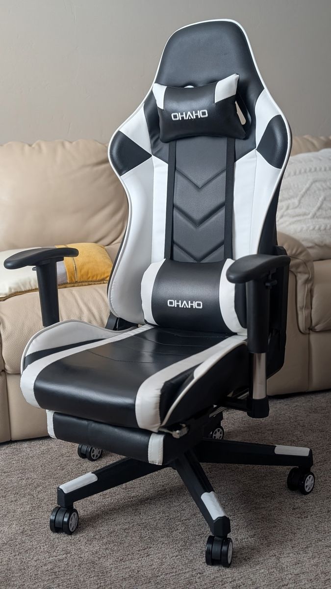 OHAHO Ergonomic Gaming Chair with Footrest, Headrest & Lumbar Support - Black/White