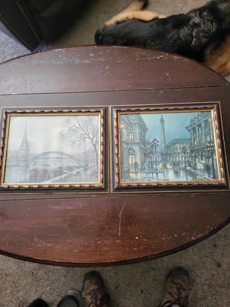 Vintage Paris Cityscape & Eiffel Tower Framed Art Prints - Black & Gold Frames, Set of 2
