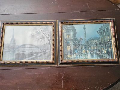 Vintage Paris Cityscape & Eiffel Tower Framed Art Prints - Black & Gold Frames, Set of 2