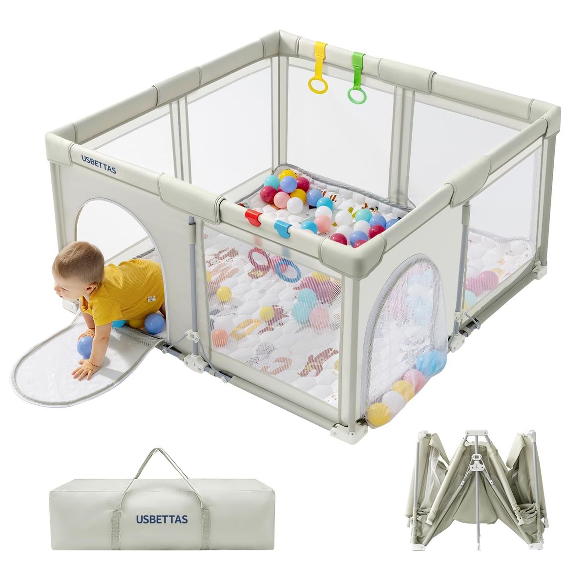 USBETTAS Baby Playpen with Mat, Large Toddler Playard Indoor Outdoor, Activity Center with Gate