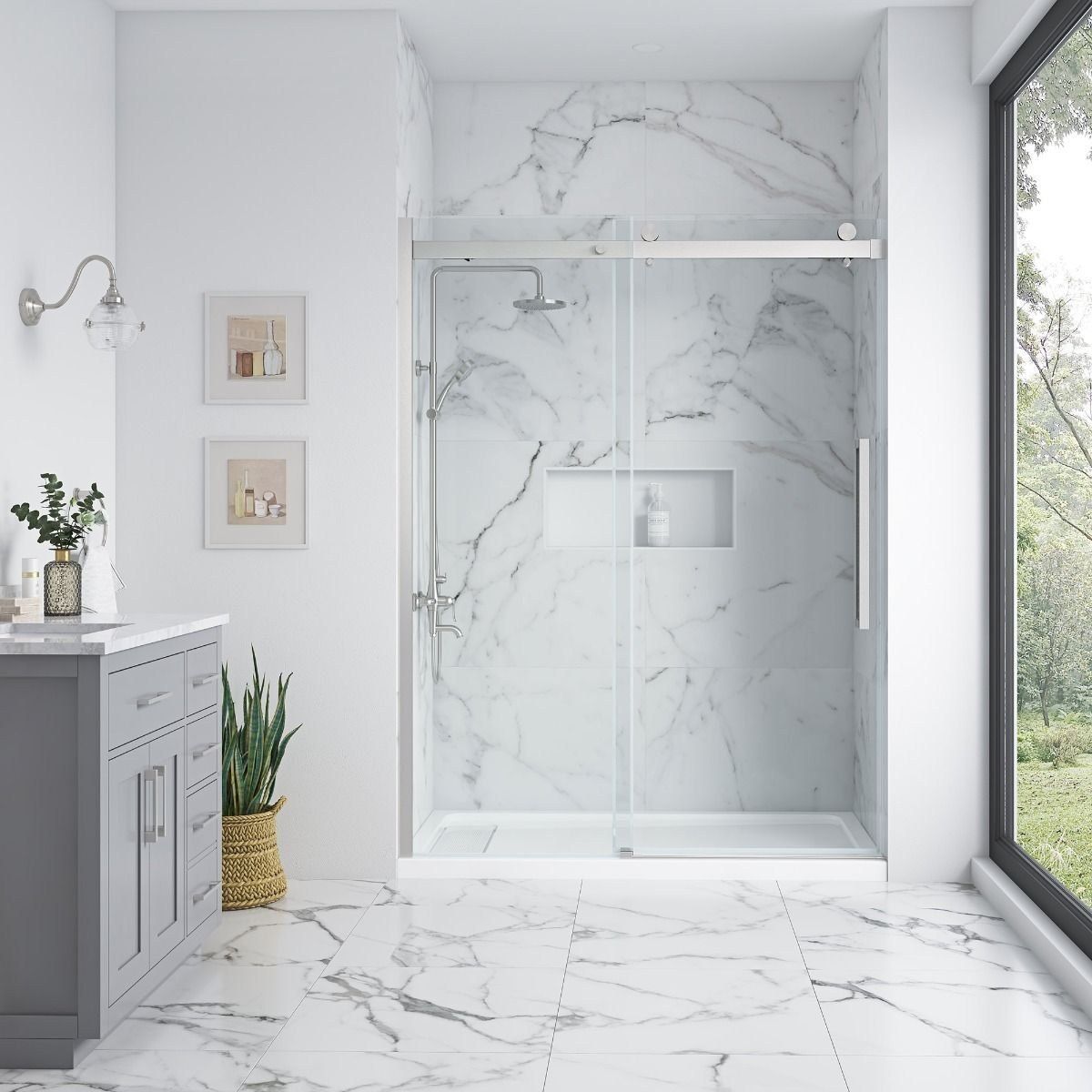 OVE 60 Inch Sliding Shower Door, Satin Nickel, Open Box Complete