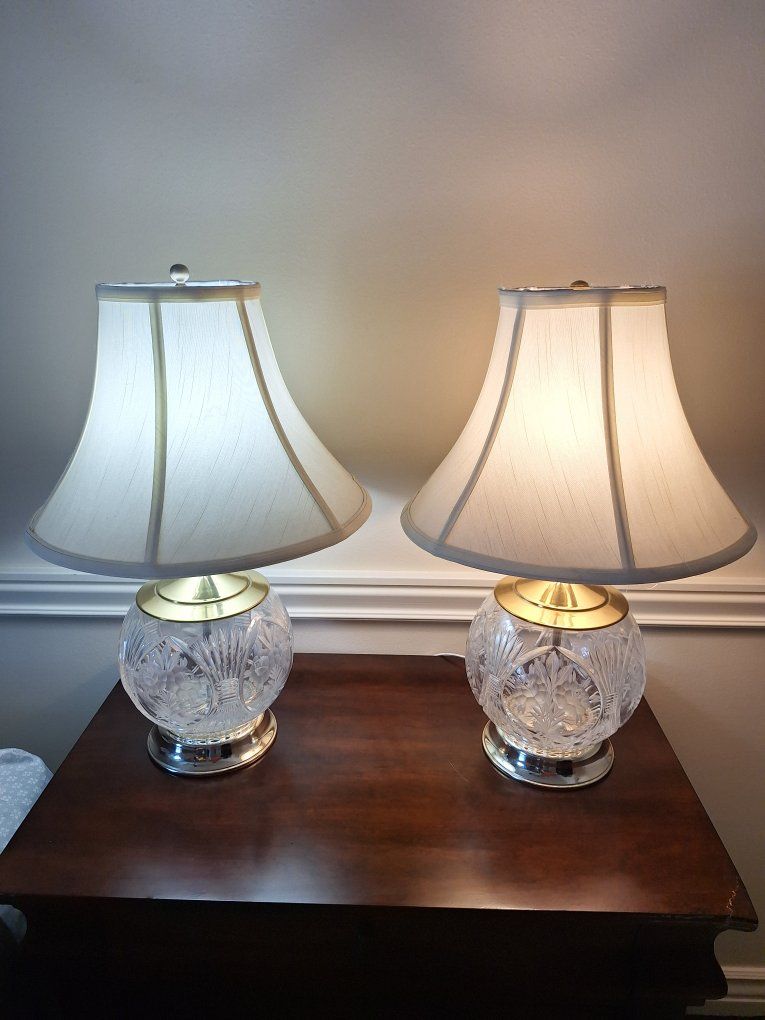 Vintage Pair of Cut Crystal and Brass Table Lamps with Fabric Shades