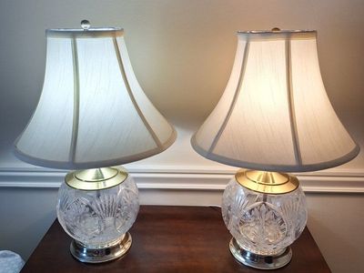 Vintage Pair of Cut Crystal and Brass Table Lamps with Fabric Shades