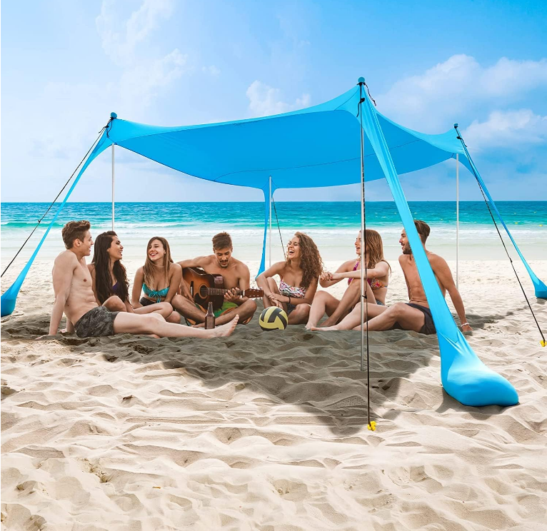 NEW Beach Tent Sun Shelter 6.5X6.5FT - UPF50+ Pop Up Beach Canopy w Sandbags & Sand Shovel & Windproof Poles, Portable Sun Shade